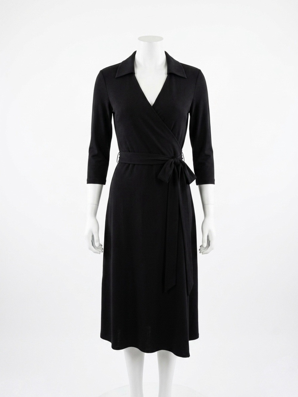 Classic Black Midi Wrap Dress with Tie Waist Office Capsule Little Black Dress